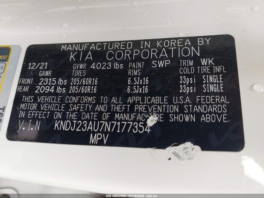 2022 Kia Soul VIN KNDJ23AU7N7177354 IAAI salvage auction — ENGINE DAMAGE, Nrc Lienholder Repossession Paperwork (Texas), sold $1,050 on 2026-07-29 (photo 9)