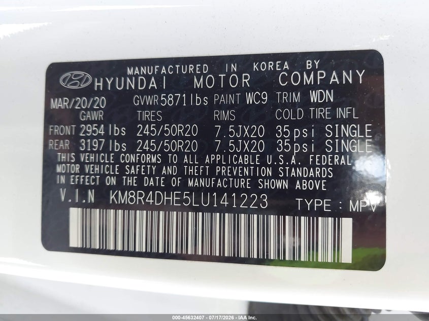 2020 Hyundai Palisade VIN KM8R4DHE5LU141223 IAAI salvage auction — FRONT END, Mv-907A (New York), sold $6,600 on 2026-07-28 (photo 9)