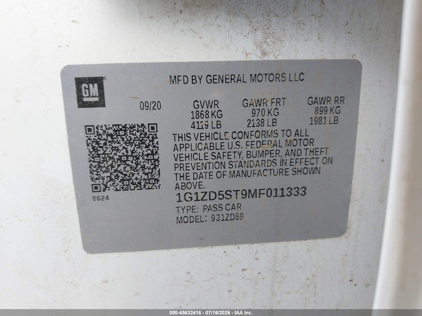 2021 Chevrolet Malibu VIN 1G1ZD5ST9MF011333 IAAI salvage auction — ENGINE DAMAGE, Nrc Lienholder Repossession Paperwork (Texas), sold $2,750 on 2026-08-03 (photo 9)