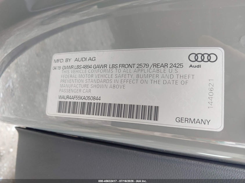 2019 Audi S5 VIN WAUR4AF55KA050844 IAAI salvage auction — ENGINE DAMAGE, Nrc Lienholder Repossession Paperwork (Texas), sold $3,750 on 2026-07-29 (photo 9)