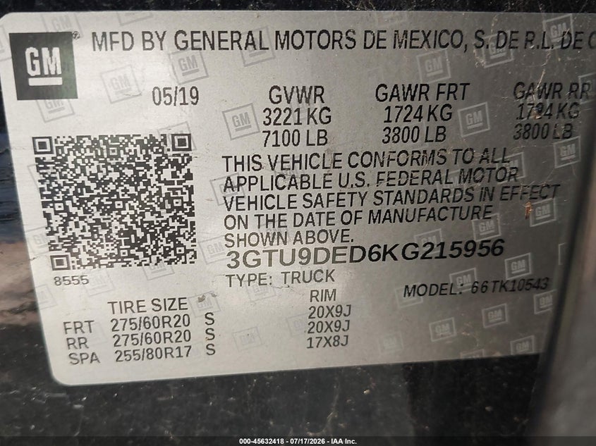 2019 Gmc SIERRA VIN 3GTU9DED6KG215956 IAAI salvage auction — ENGINE DAMAGE, Nrc Lienholder Repossession Paperwork (Alabama), sold $7,600 on 2026-07-29 (photo 9)