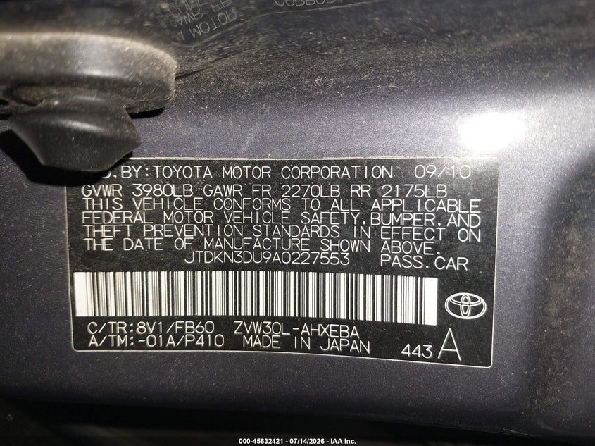 2010 Toyota Prius VIN JTDKN3DU9A0227553 IAAI salvage auction — NORMAL WEAR, Clear (California), sold $25 on 2026-07-23 (photo 9)