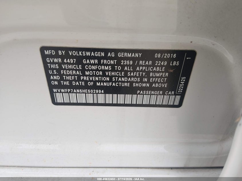 2017 Volkswagen Passat cc VIN WVWFP7AN5HE502994 IAAI salvage auction — NORMAL WEAR, Original (Texas), sold $1,700 on 2026-07-24 (photo 9)