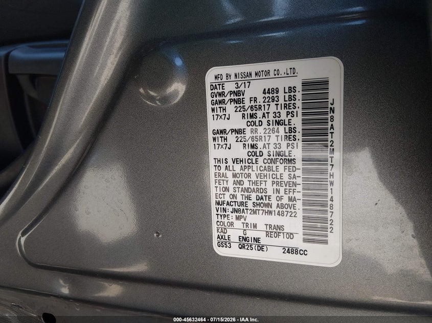 2017 Nissan Rogue VIN JN8AT2MT7HW148722 IAAI salvage auction — LEFT FRONT, Salvage Title, sold $25 on 2026-07-29 (photo 9)