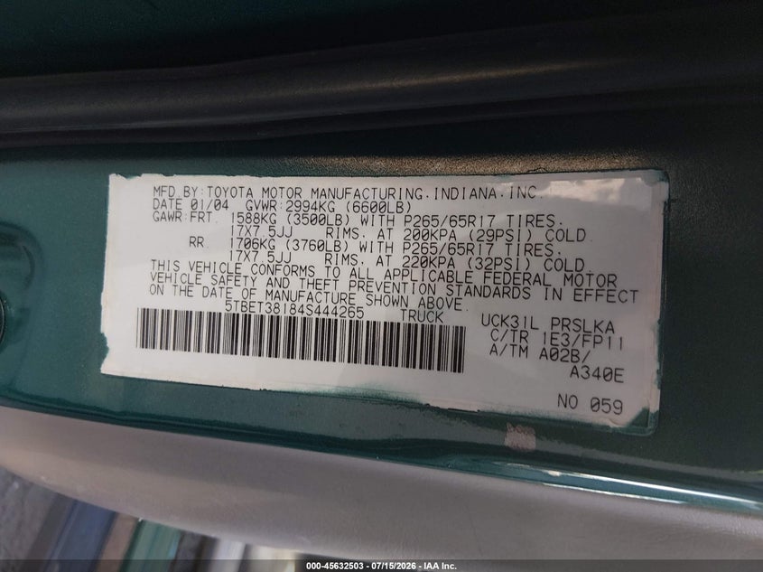 2004 Toyota Tundra VIN 5TBET38184S444265 IAAI salvage auction — NORMAL WEAR, Clear - Dealer Only (California), sold $1,200 on 2026-07-22 (photo 9)