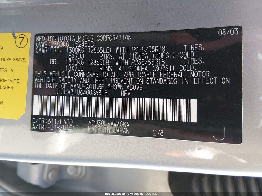 2004 Lexus Rx 330 VIN JTJHA31U640036815 IAAI salvage auction — NORMAL WEAR, Peddle Clear Public-Restricted (Oregon), sold $550 on 2026-07-29 (photo 9)