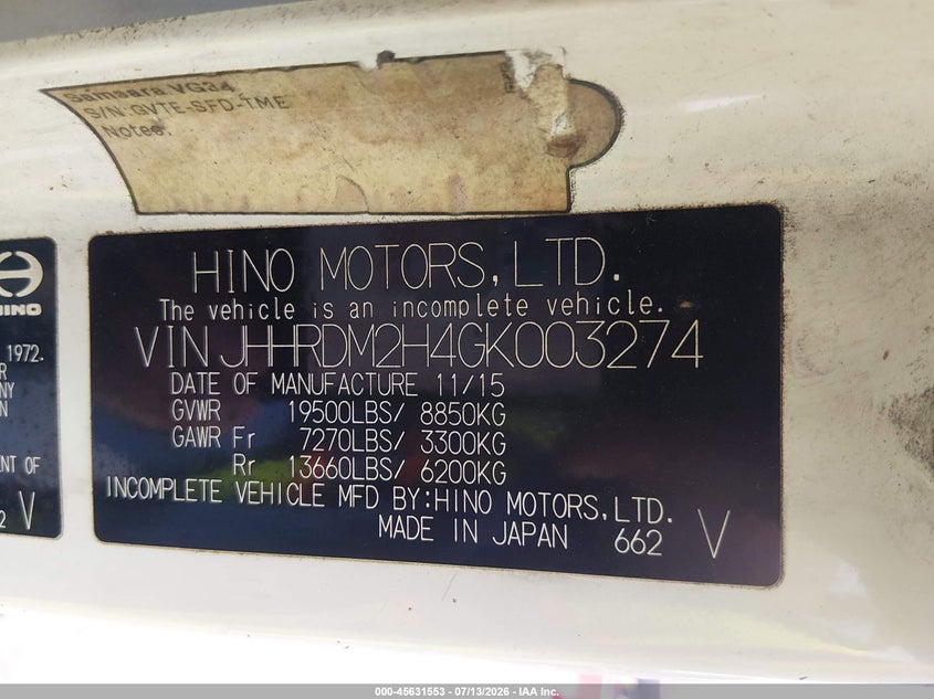 2016 Hino 195 VIN JHHRDM2H4GK003274 IAAI salvage auction — ENGINE DAMAGE, Clear - Dealer Only (California), sold $17,850 on 2026-08-06 (photo 8)