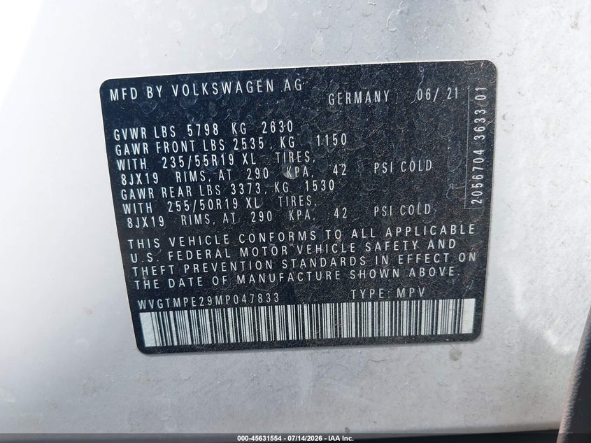 2021 Volkswagen Id.4 VIN WVGTMPE29MP047833 IAAI salvage auction — RIGHT FRONT, Salvage Title, sold $7,900 on 2026-07-29 (photo 9)