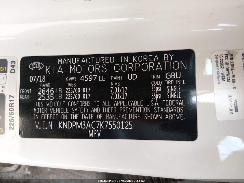 2019 Kia Sportage VIN KNDPM3AC7K7550125 IAAI salvage auction — REAR END, Salvage Title, sold $3,150 on 2026-07-28 (photo 9)
