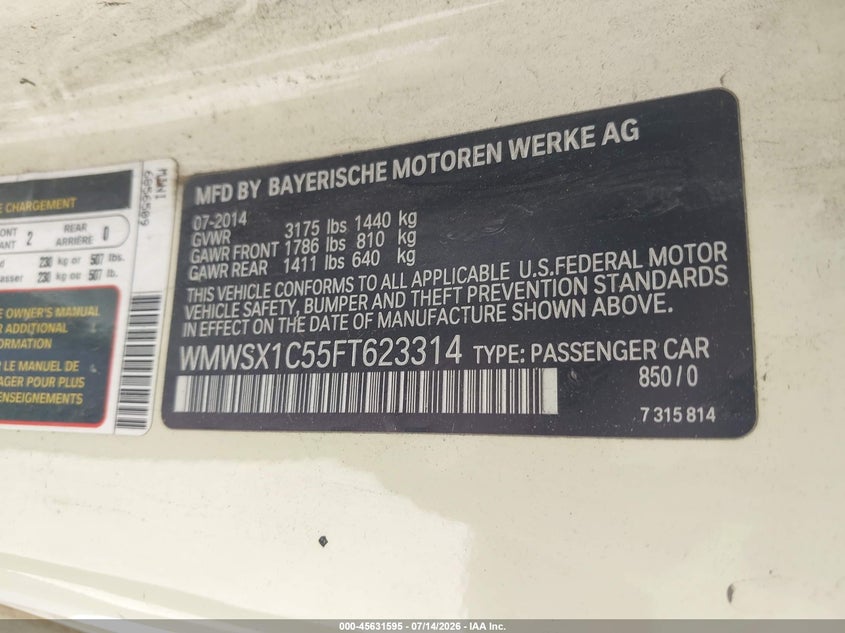 2015 Mini Coupe VIN WMWSX1C55FT623314 IAAI salvage auction — NORMAL WEAR, Clear - Dealer Only (California), sold $625 on 2026-07-29 (photo 9)