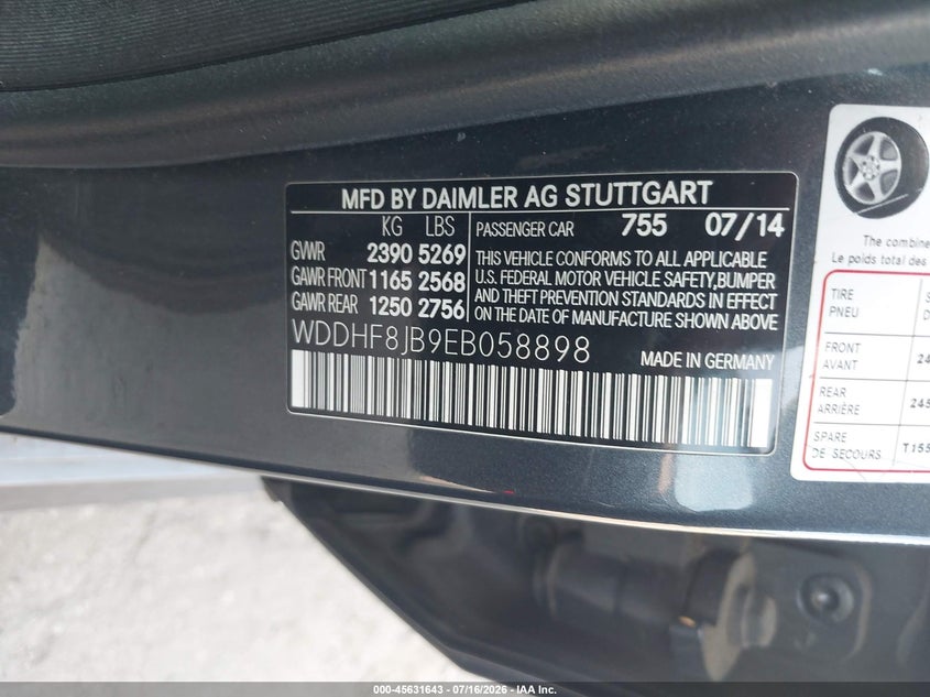 2014 Mercedes-benz E-klasse VIN WDDHF8JB9EB058898 IAAI salvage auction — RIGHT REAR, Salvage (Virginia), sold $3,750 on 2026-08-18 (photo 9)