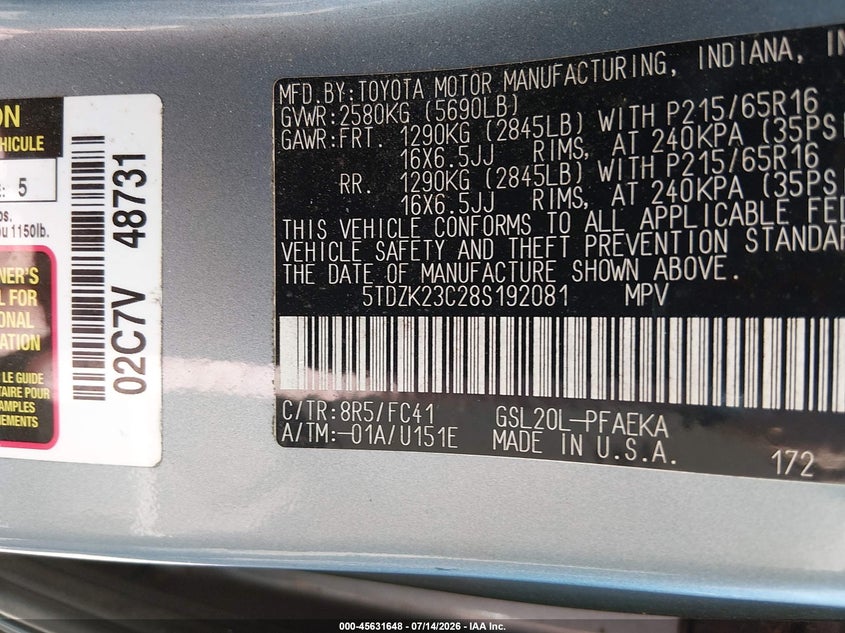 2008 Toyota Sienna VIN 5TDZK23C28S192081 IAAI salvage auction — NORMAL WEAR, Clear-Dealer Only (North Carolina), sold $800 on 2026-07-29 (photo 9)
