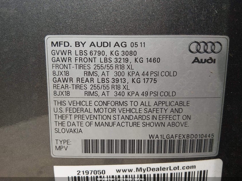 2011 Audi Q7 VIN WA1LGAFEXBD010445 IAAI salvage auction — NORMAL WEAR, Clear (New Jersey), sold $375 on 2026-07-30 (photo 9)