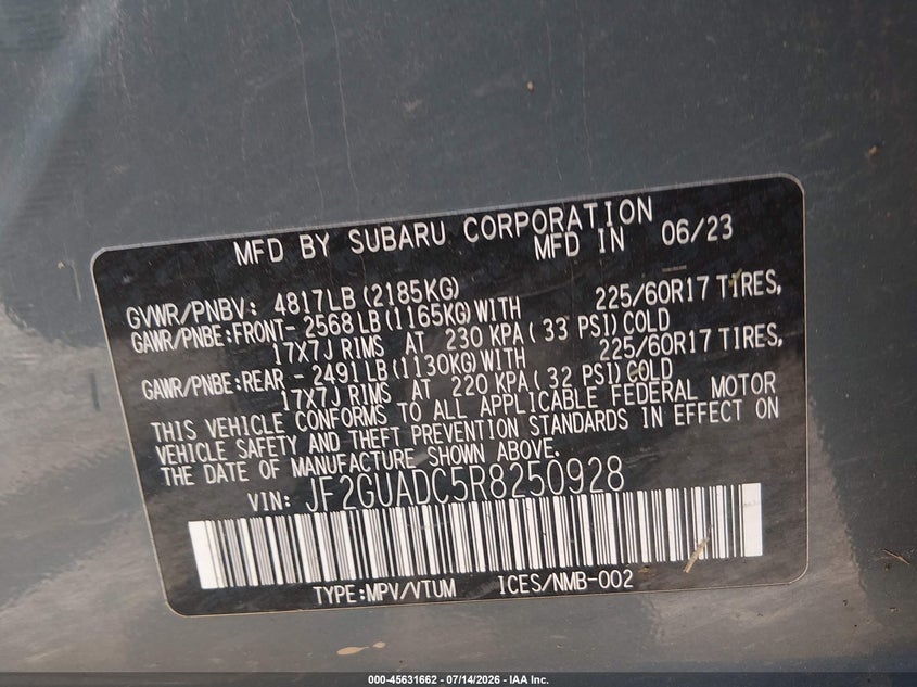 2024 Subaru Xv VIN JF2GUADC5R8250928 IAAI salvage auction — SIDE, Salvage Title, sold $2,650 on 2026-09-03 (photo 9)