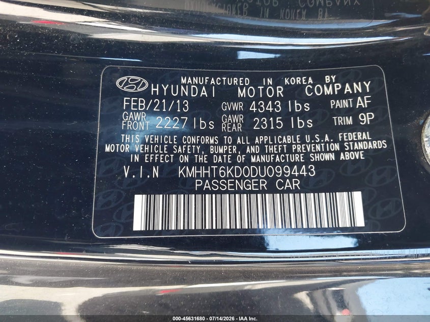2013 Hyundai Genesis VIN KMHHT6KD0DU099443 IAAI salvage auction — NORMAL WEAR, Clear (Washington), sold $775 on 2026-07-29 (photo 9)