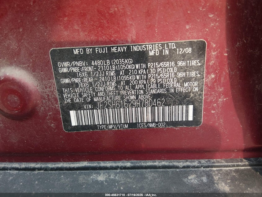 2009 Subaru Forester VIN JF2SH61629H780462 IAAI salvage auction — NORMAL WEAR, Clear (Pennsylvania), sold $375 on 2026-07-29 (photo 9)