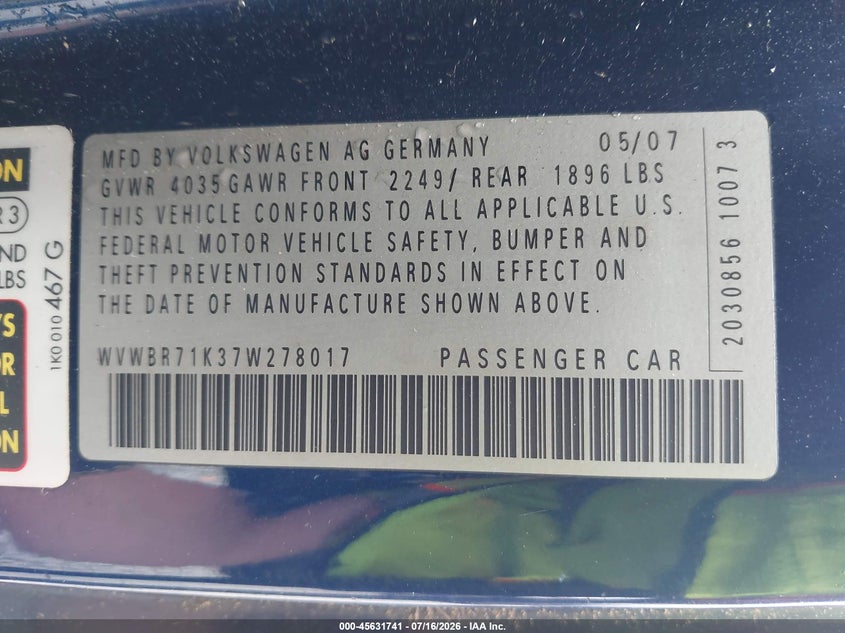 2007 Volkswagen Rabbit VIN WVWBR71K37W278017 IAAI salvage auction — REAR END, Bill Of Sale (Washington), sold $775 on 2026-08-05 (photo 9)