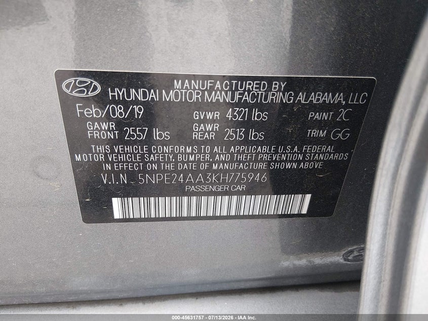2019 Hyundai Sonata VIN 5NPE24AA3KH775946 IAAI salvage auction — NORMAL WEAR, Sf97 (California), sold $9,350 on 2026-07-30 (photo 9)