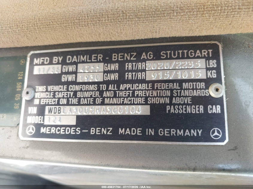 1987 Mercedes-benz 300 VIN WDBEA30D5HA368184 IAAI salvage auction — NORMAL WEAR, Original (Texas), sold $250 on 2026-07-23 (photo 9)
