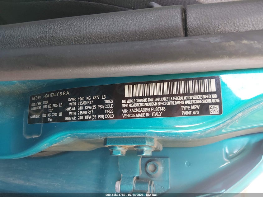 2020 Jeep Renegade VIN ZACNJABB5LPL88748 IAAI salvage auction — REAR END, Salvage Title, sold $2,825 on 2026-08-18 (photo 9)