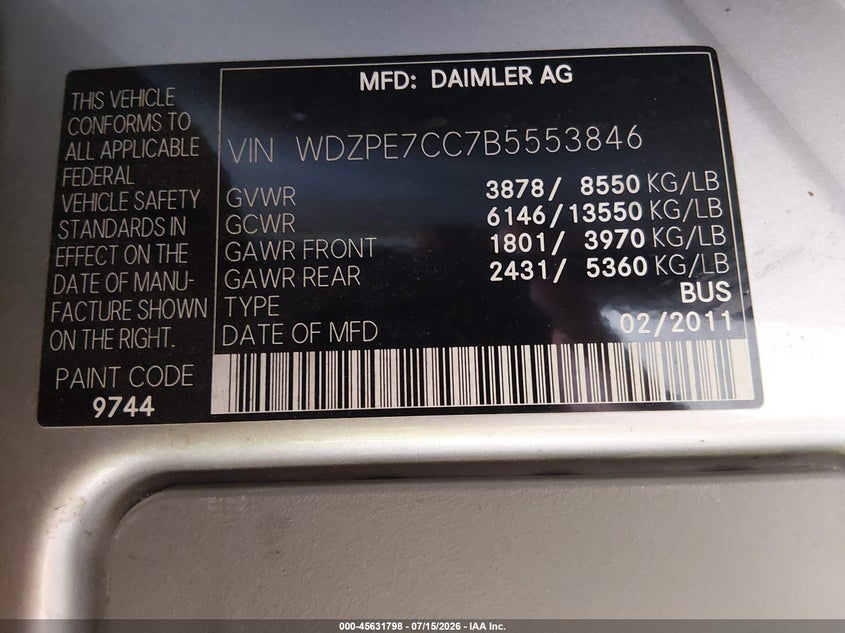 2011 Mercedes-benz Sprinter VIN WDZPE7CC7B5553846 IAAI salvage auction — ROOF, Salvage (Virginia), sold $3,050 on 2026-07-28 (photo 9)