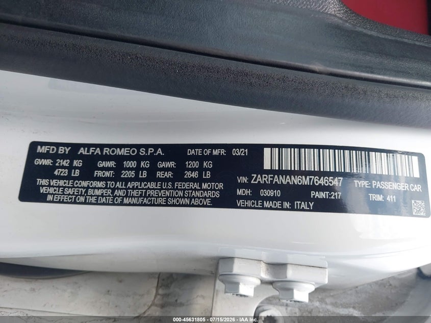 2021 Alfa romeo Giulia VIN ZARFANAN6M7646547 IAAI salvage auction — FRONT END, Salvage Title, sold $3,350 on 2026-08-12 (photo 9)
