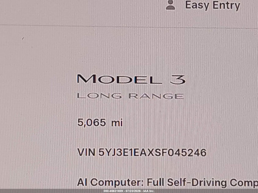 2025 Tesla Model 3 VIN 5YJ3E1EAXSF045246 IAAI salvage auction — FRONT END, Wait Title, sold $10,825 on 2026-09-08 (photo 7)