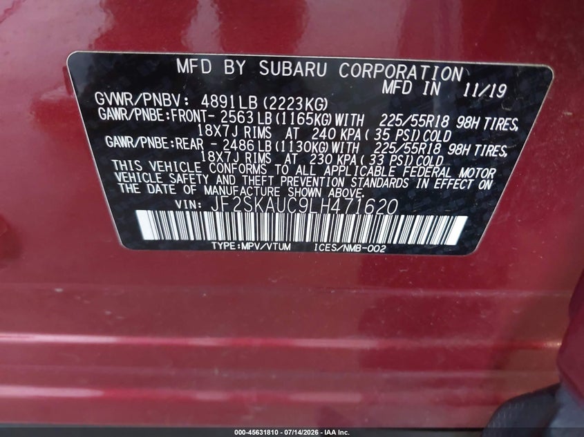 2020 Subaru Forester VIN JF2SKAUC9LH471620 IAAI salvage auction — FRONT & REAR, Salvage Title, sold $1,750 on 2026-07-31 (photo 9)