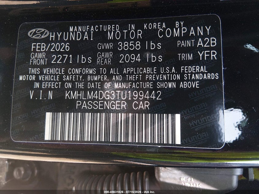 2026 Hyundai Elantra VIN KMHLM4DG3TU199442 IAAI salvage auction — LEFT SIDE, Salvage Title, sold $5,700 on 2026-07-29 (photo 9)