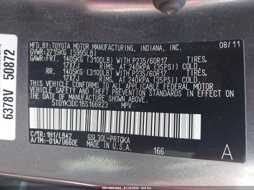 2011 Toyota Sienna VIN 5TDYK3DC1BS166823 IAAI salvage auction — NORMAL WEAR, Clear-Dealer Only (North Carolina), sold $575 on 2026-07-29 (photo 9)
