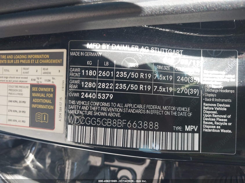 2011 Mercedes-benz Glk-class VIN WDCGG5GB8BF663888 IAAI salvage auction — NORMAL WEAR, Clear - Dealer Only (California), sold $1,050 on 2026-07-28 (photo 9)
