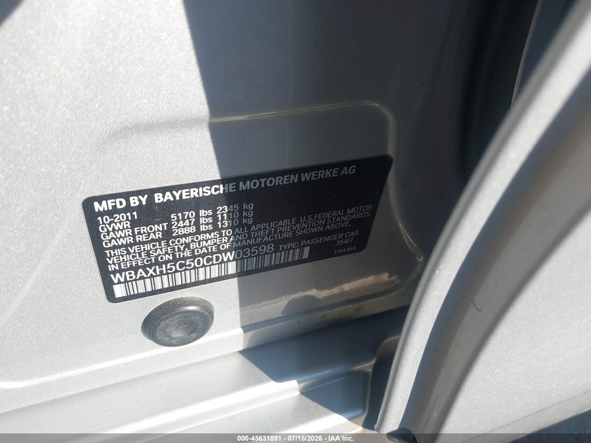 2012 BMW 5er VIN WBAXH5C50CDW03598 IAAI salvage auction — NORMAL WEAR, Clear (Colorado), sold $25 on 2026-07-21 (photo 9)