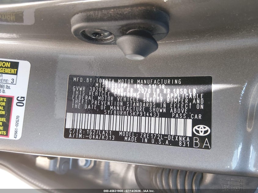 2019 Toyota Corolla VIN 5YFBURHE5KP914433 IAAI salvage auction — FRONT END, Salvage (California), sold $1,250 on 2026-07-29 (photo 9)