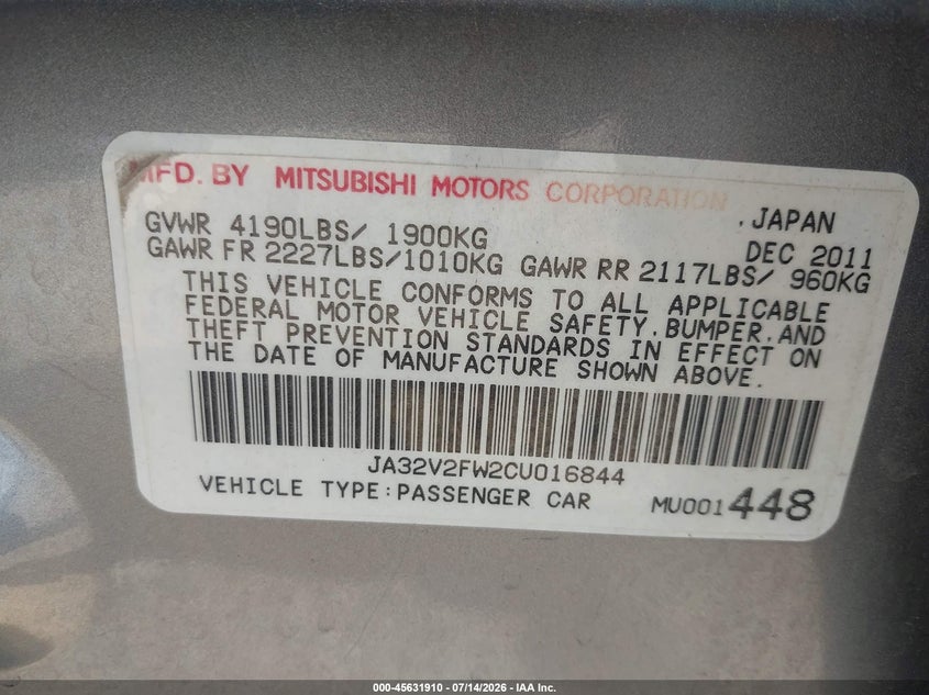 2012 Mitsubishi Lancer VIN JA32V2FW2CU016844 IAAI salvage auction — NORMAL WEAR, Clear (California), sold $425 on 2026-07-30 (photo 9)