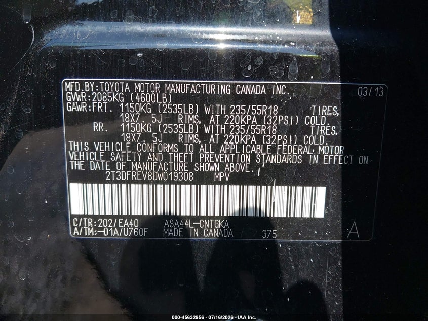 2013 Toyota Rav 4 VIN 2T3DFREV8DW019308 IAAI salvage auction — FRONT & REAR, Salvage (New Mexico), sold $3,600 on 2026-08-20 (photo 9)