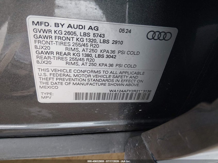 2024 Audi Sq5 sportback VIN WA124AFY2R2113136 IAAI salvage auction — WATER/FLOOD, Salvage (Texas), sold $19,900 on 2026-08-12 (photo 9)