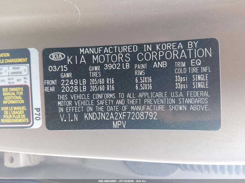 2015 Kia Soul VIN KNDJN2A2XF7208792 IAAI salvage auction — REAR END, Salvage (Arkansas), sold $800 on 2026-08-28 (photo 9)