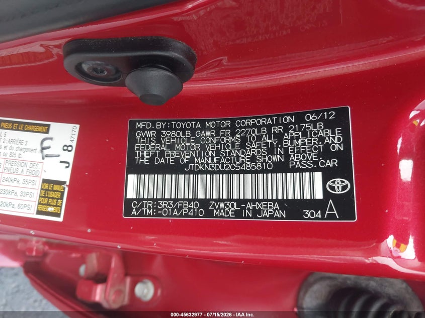 2012 Toyota Prius VIN JTDKN3DU2C5485810 IAAI salvage auction — NORMAL WEAR, Clear (Georgia), sold $275 on 2026-07-29 (photo 9)