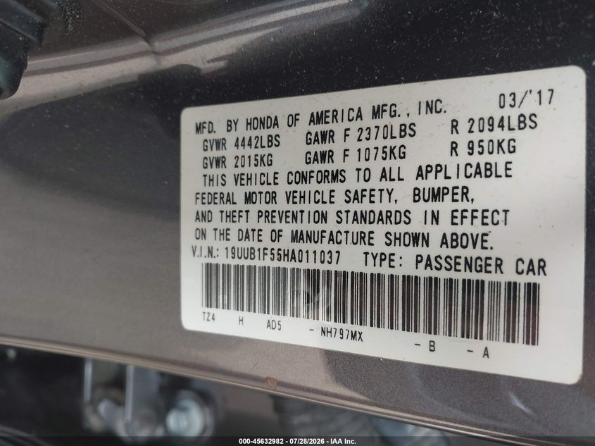 2017 Acura Tlx VIN 19UUB1F55HA011037 IAAI salvage auction — RIGHT FRONT, Salvage Title, sold $2,100 on 2026-09-24 (photo 9)