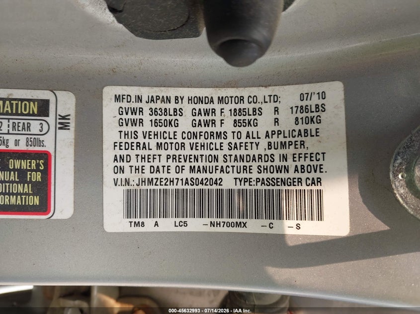 2010 Honda Insight VIN JHMZE2H71AS042042 IAAI salvage auction — NORMAL WEAR, Original (Maine), sold $700 on 2026-07-20 (photo 9)