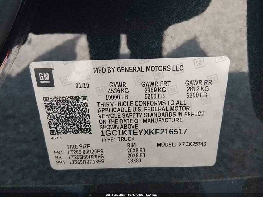 2019 Chevrolet Silverado VIN 1GC1KTEYXKF216517 IAAI salvage auction — ENGINE DAMAGE, Salvage (Alabama), sold $14,600 on 2026-07-30 (photo 9)