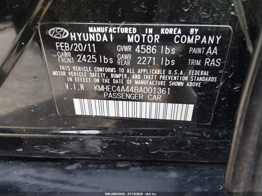2011 Hyundai Sonata hybrid VIN KMHEC4A44BA001361 IAAI salvage auction — NORMAL WEAR, Clear (California), sold $300 on 2026-07-27 (photo 9)