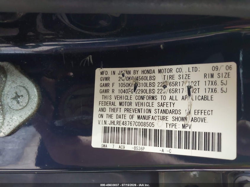 2007 Honda Cr-v VIN JHLRE48767C008505 IAAI salvage auction — NORMAL WEAR, Clear (New York), sold $75 on 2026-07-23 (photo 9)