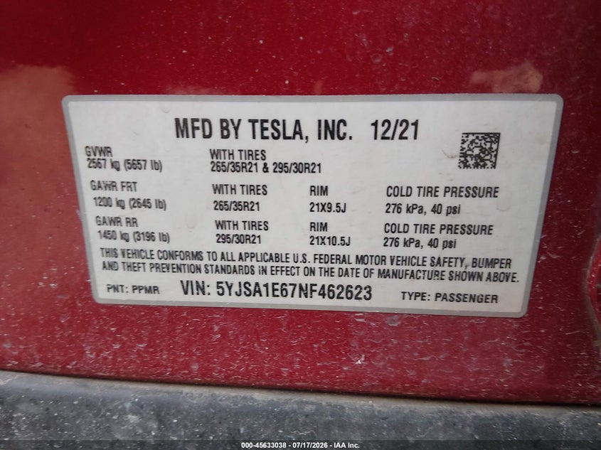 2022 Tesla Model s VIN 5YJSA1E67NF462623 IAAI salvage auction — ENGINE DAMAGE, Nrc Lienholder Repossession Paperwork (Texas), sold $5,600 on 2026-07-30 (photo 9)