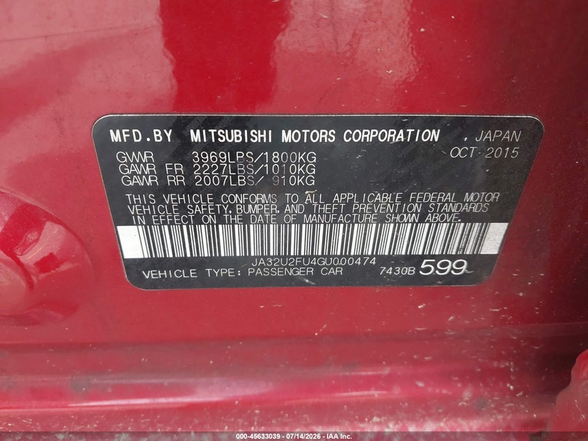 2016 Mitsubishi Lancer VIN JA32U2FU4GU000474 IAAI salvage auction — NORMAL WEAR, Clear (Georgia), sold $275 on 2026-07-29 (photo 9)