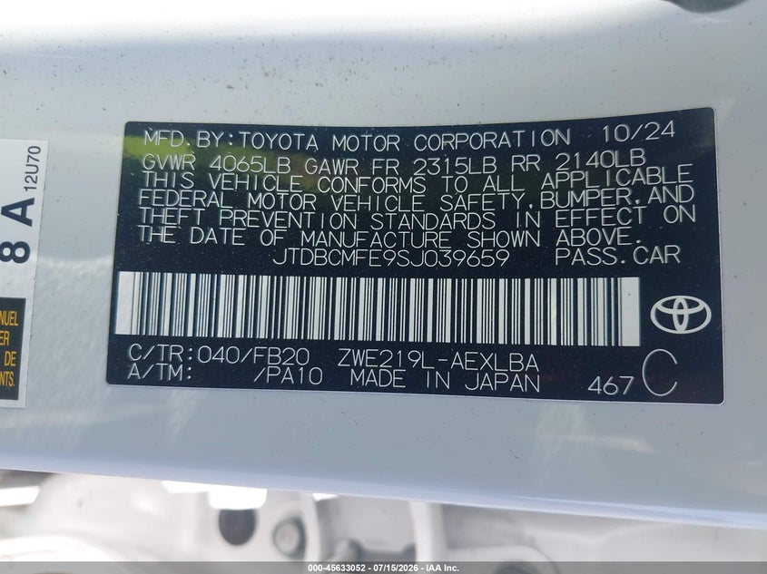 2025 Toyota Corolla VIN JTDBCMFE9SJ039659 IAAI salvage auction — REAR END, Salvage Title, sold $8,450 on 2026-08-25 (photo 9)