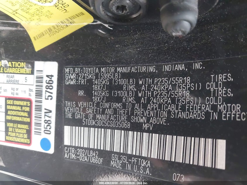 2012 Toyota Sienna VIN 5TDDK3DC5CS035068 IAAI salvage auction — NORMAL WEAR, Clear-Endorsement (Wisconsin), sold $925 on 2026-07-28 (photo 9)