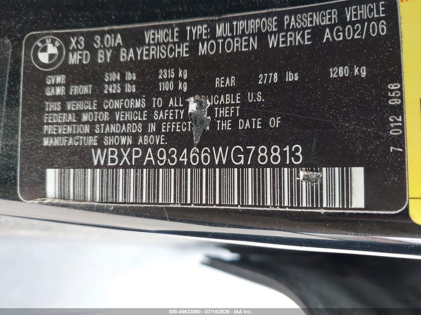 2006 BMW X3 VIN WBXPA93466WG78813 IAAI salvage auction — NORMAL WEAR, Original (Maine), sold $325 on 2026-07-20 (photo 9)
