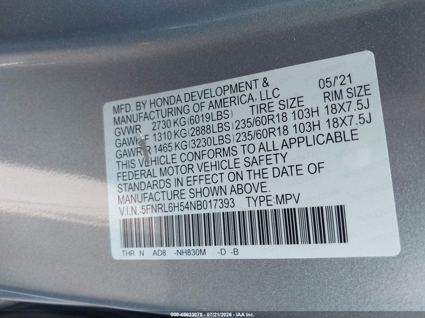 2022 Honda Odyssey VIN 5FNRL6H54NB017393 IAAI salvage auction — RIGHT SIDE, Salvage Title, sold $7,100 on 2026-07-29 (photo 9)