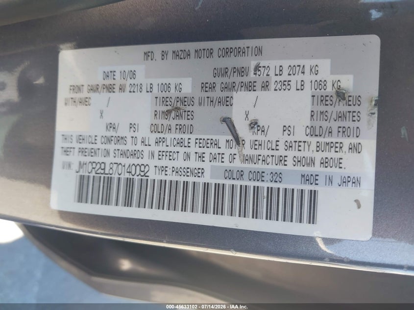 2007 Mazda 5 VIN JM1CR29L870140092 IAAI salvage auction — NORMAL WEAR, App For Dup Clear (California), sold $450 on 2026-07-20 (photo 9)